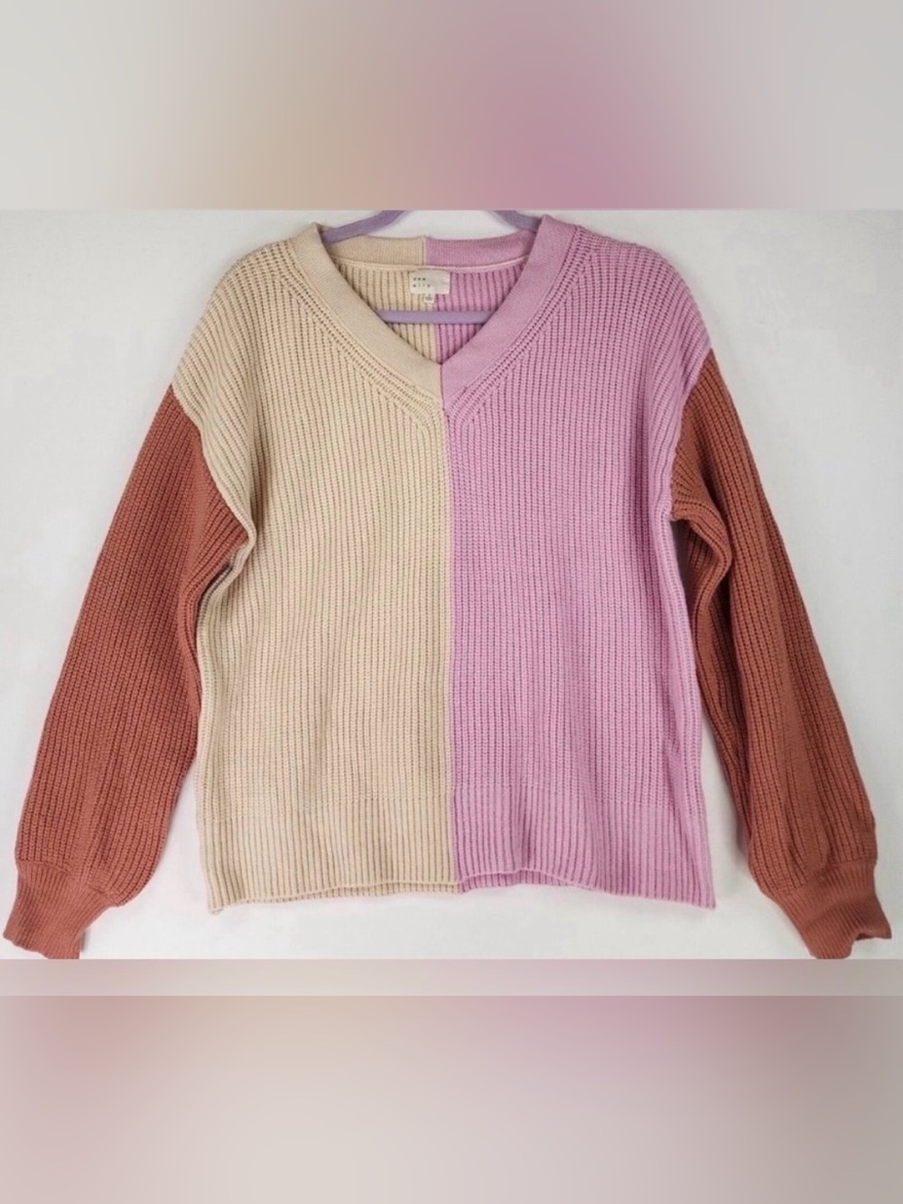 Dee Elly Chunky Colorblock Pink Brown Cream Sweater - Small